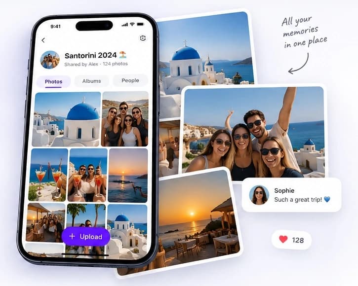 A phone showing a gallery of trip photos, next to floating printed-style photos and a comment card